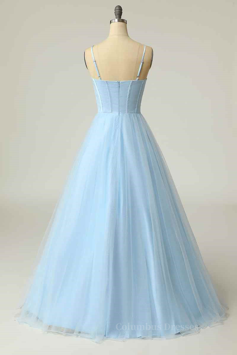 Bridesmaid Dresses Green, Light Blue A-line Boning Adjustable Spaghetti Straps Tulle Long Prom Dress Main image