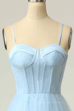 Bridesmaid Dresses 2053, Light Blue A-line Boning Adjustable Spaghetti Straps Tulle Long Prom Dress