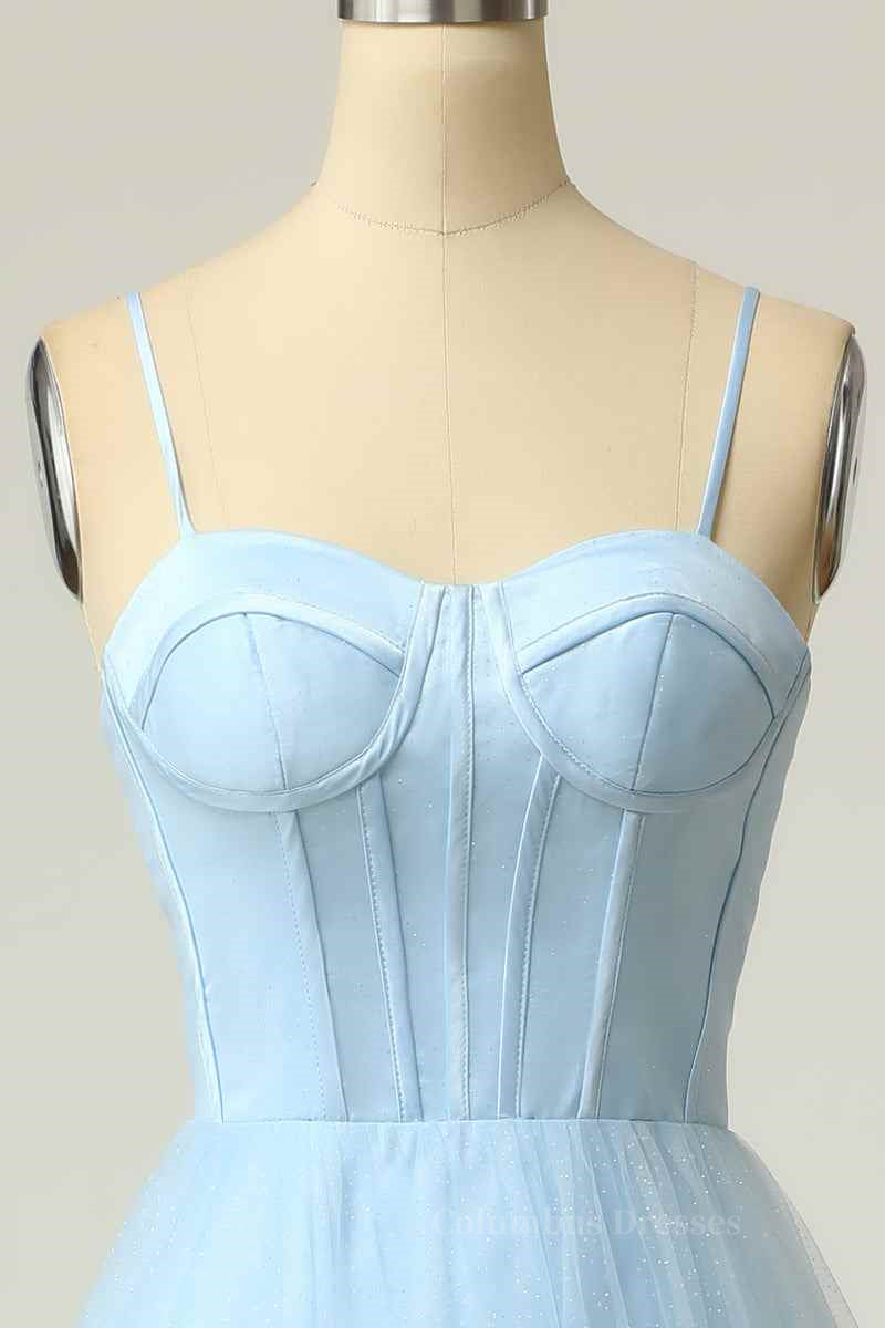 Bridesmaid Dresses 2053, Light Blue A-line Boning Adjustable Spaghetti Straps Tulle Long Prom Dress