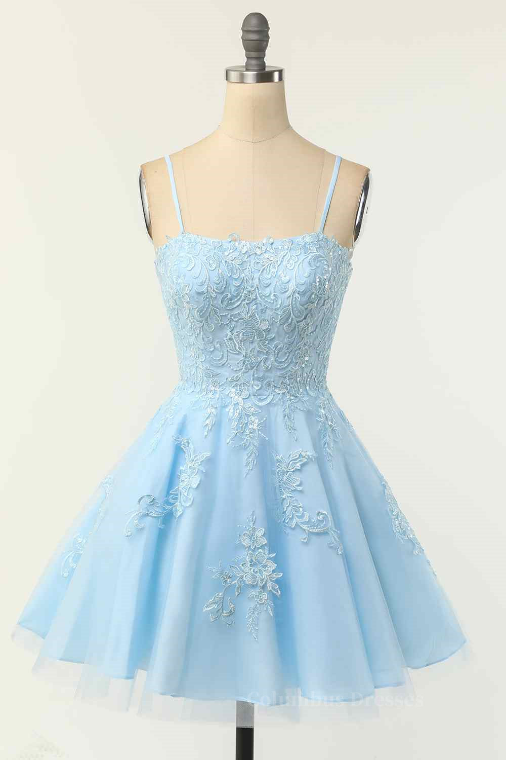 Light Blue A-line Spaghetti Straps Lace-Up Back Applique Mini Homecoming Dress Secondary image