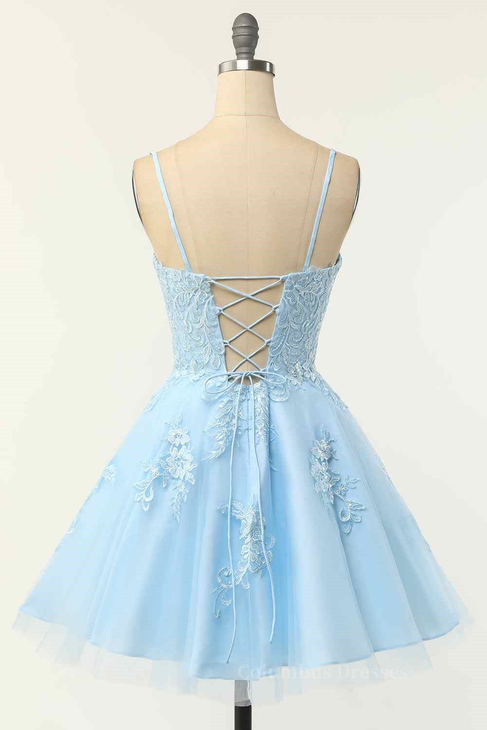 Rustic Wedding Dress, Light Blue A-line Spaghetti Straps Lace-Up Back Applique Mini Homecoming Dress Main image
