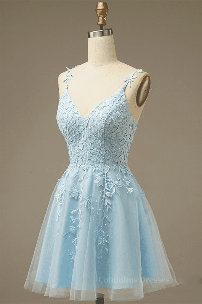 Light Blue A-line V Neck Appliques Tulle Mini Homecoming Dress Secondary image