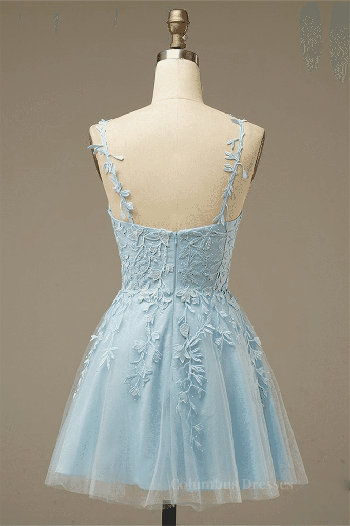 Formal Dress Short, Light Blue A-line V Neck Appliques Tulle Mini Homecoming Dress Main image