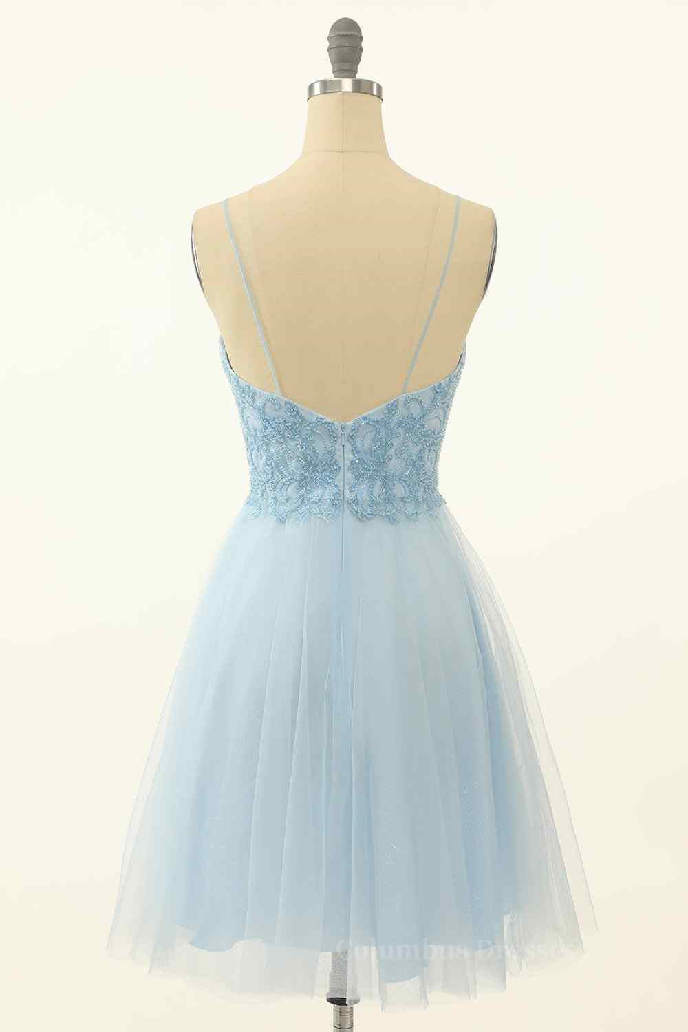 Light Blue A-line V Neck Beading-Embroidered Tulle Mini Homecoming Dress Secondary image