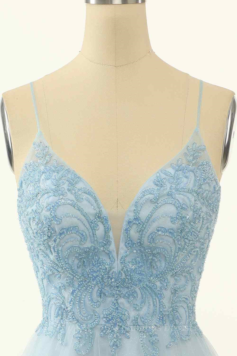 Modest Dress, Light Blue A-line V Neck Beading-Embroidered Tulle Mini Homecoming Dress Main image