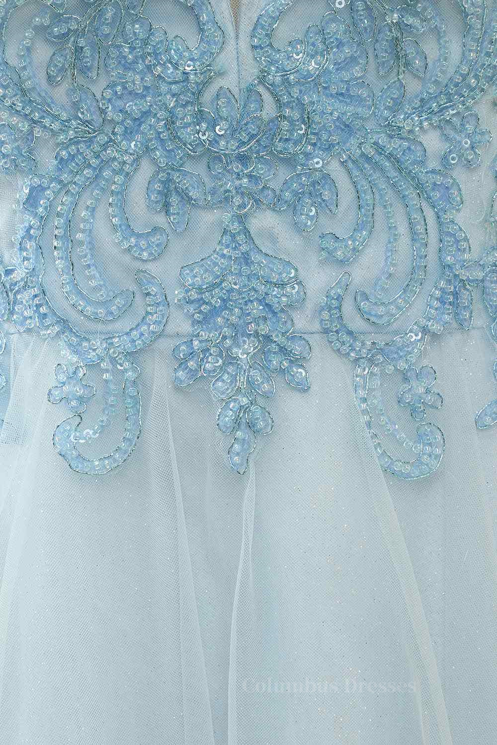Prom Dress Pink, Light Blue A-line V Neck Beading-Embroidered Tulle Mini Homecoming Dress