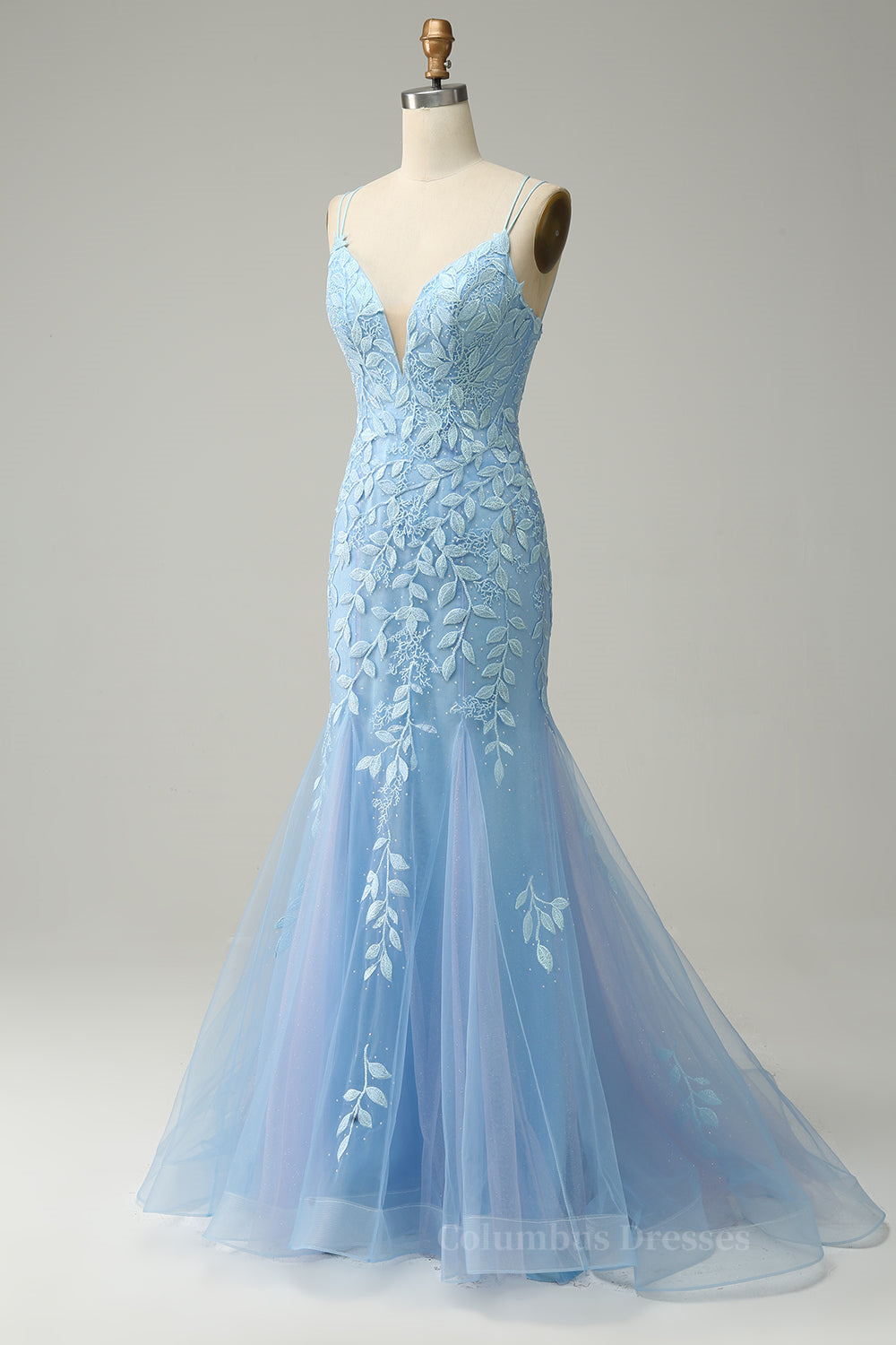 Light Blue Mermaid Lace-Up Appliques Tulle Long Prom Dress Secondary image