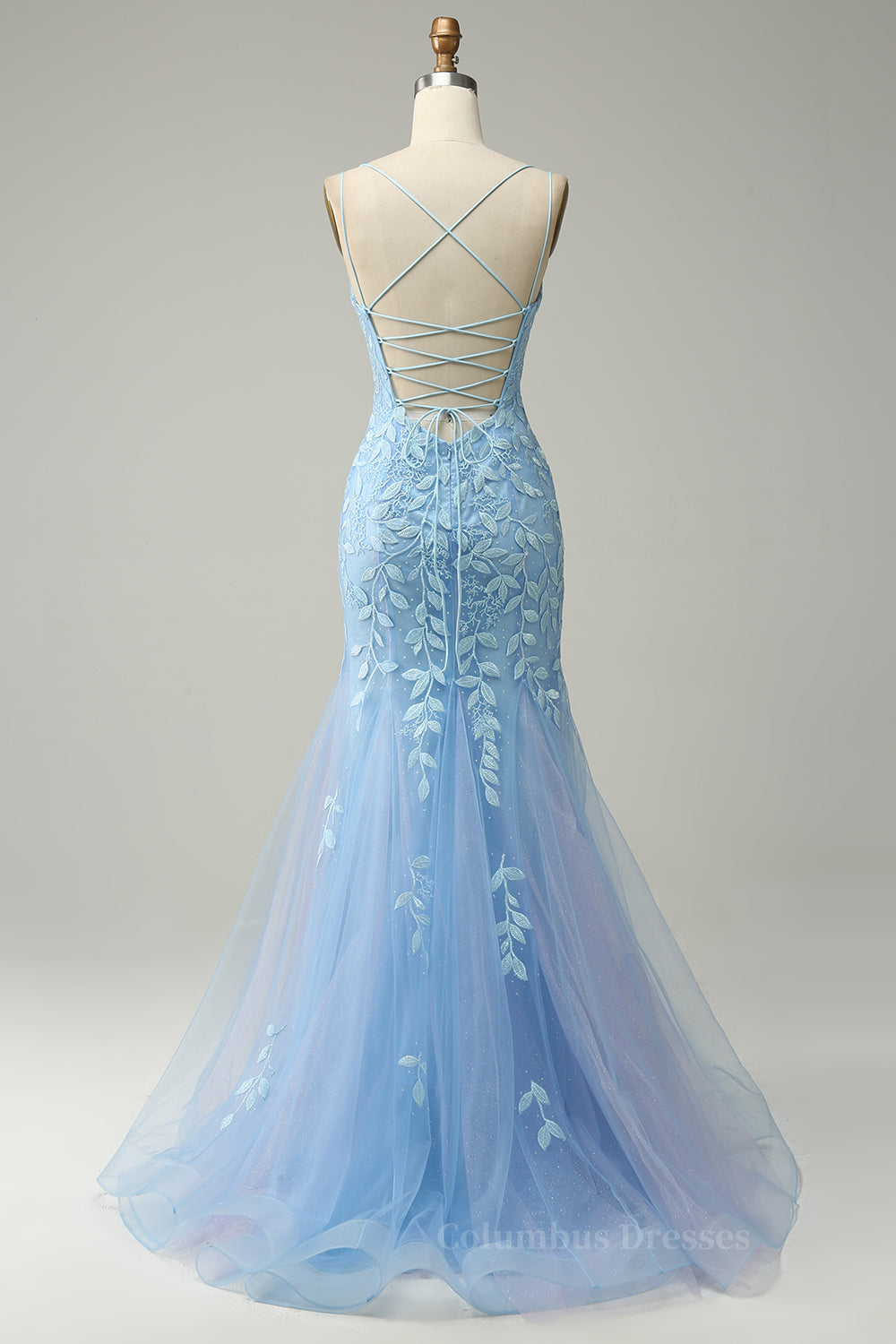 Bridesmaids Dresses Winter Wedding, Light Blue Mermaid Lace-Up Appliques Tulle Long Prom Dress Main image