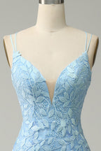 Bridesmaid Dresses Winter Wedding, Light Blue Mermaid Lace-Up Appliques Tulle Long Prom Dress