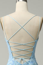 Bridesmaid Dress Vintage, Light Blue Mermaid Lace-Up Appliques Tulle Long Prom Dress