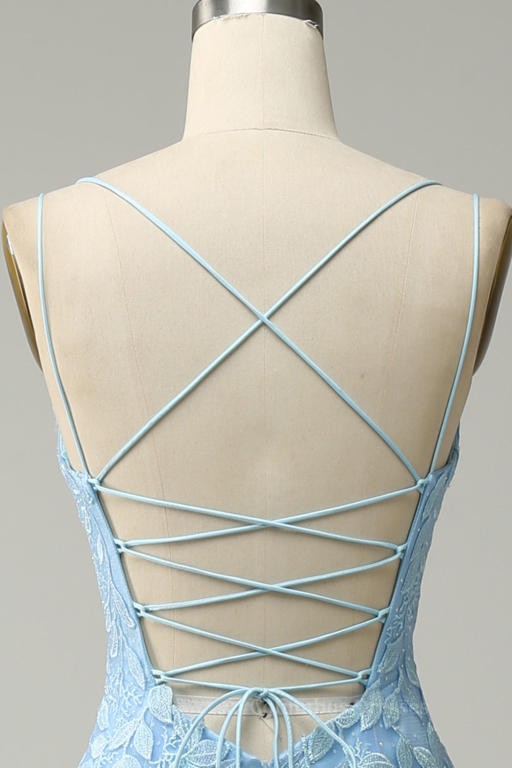 Bridesmaid Dress Vintage, Light Blue Mermaid Lace-Up Appliques Tulle Long Prom Dress