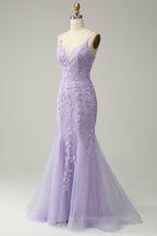 Bridesmaid Dress Winter, Light Blue Mermaid Lace-Up Appliques Tulle Long Prom Dress