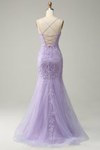 Bridesmaids Dresses Winter, Light Blue Mermaid Lace-Up Appliques Tulle Long Prom Dress