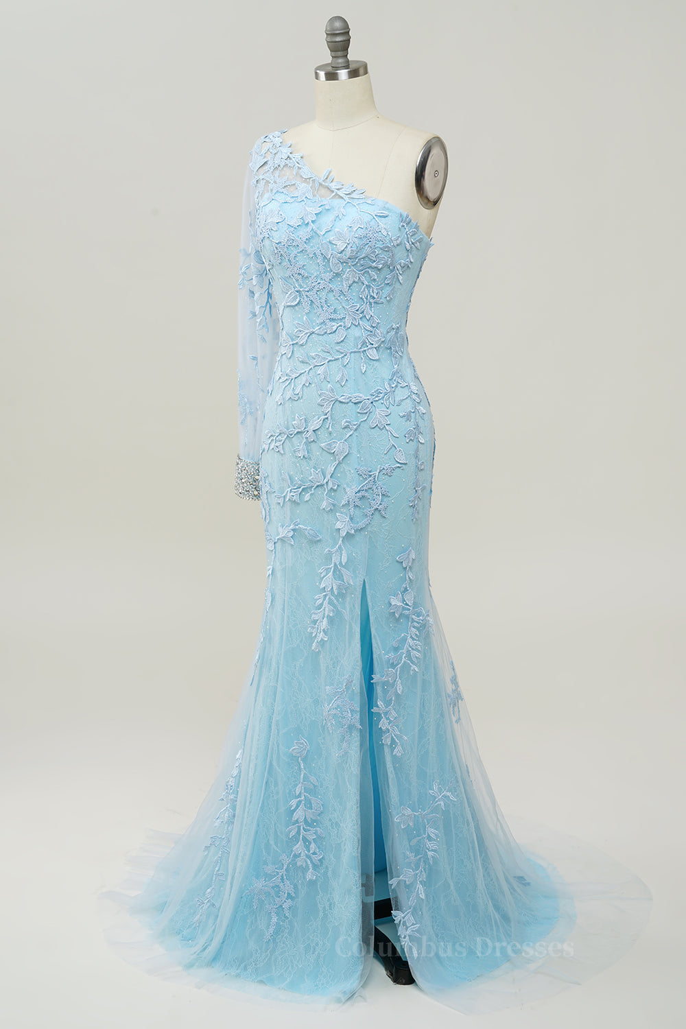 Light Blue One Shoulder Appliques Mermaid Long Prom Dress with Slit Secondary image