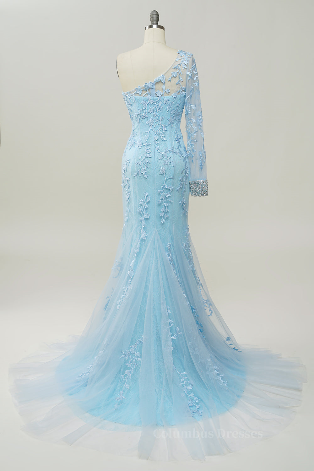 Bridesmaids Dresses Near Me, Light Blue One Shoulder Appliques Mermaid Long Prom Dress with Slit Main image