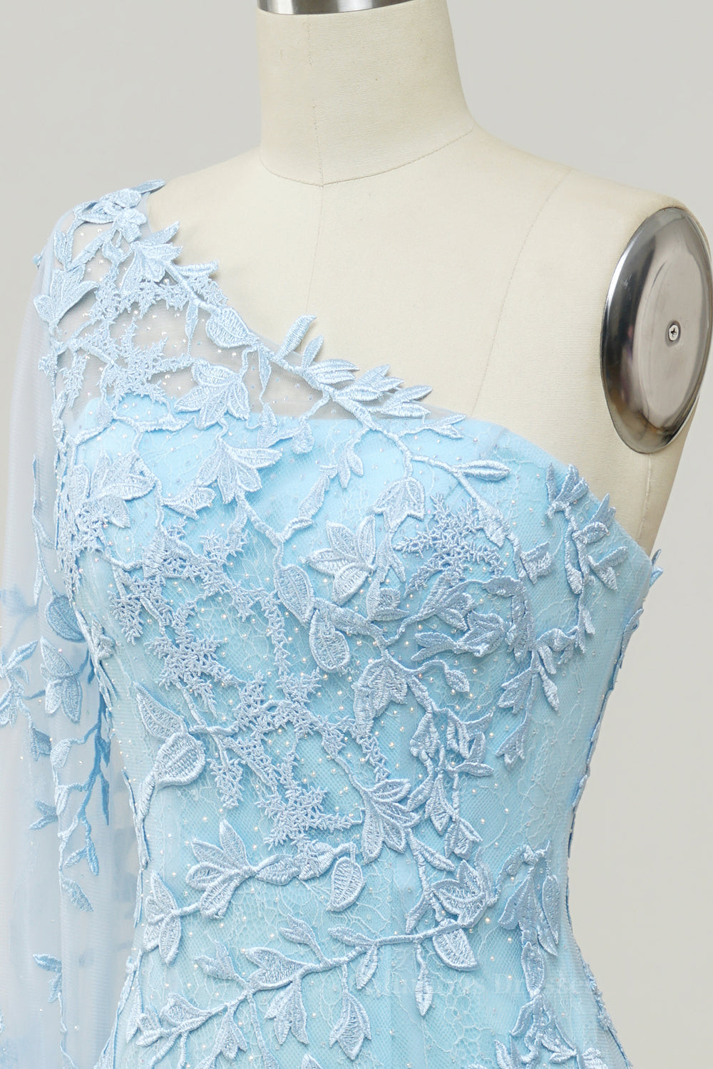 Bridesmaids Dresses Fall, Light Blue One Shoulder Appliques Mermaid Long Prom Dress with Slit