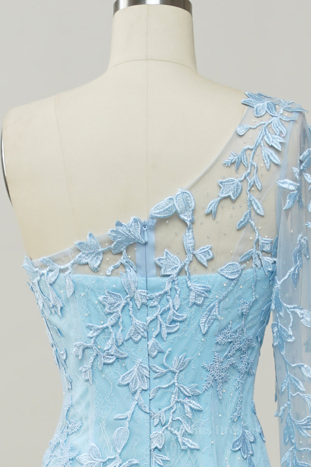 Bridesmaides Dresses Fall, Light Blue One Shoulder Appliques Mermaid Long Prom Dress with Slit