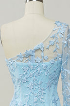 Bridesmaides Dresses Fall, Light Blue One Shoulder Appliques Mermaid Long Prom Dress with Slit