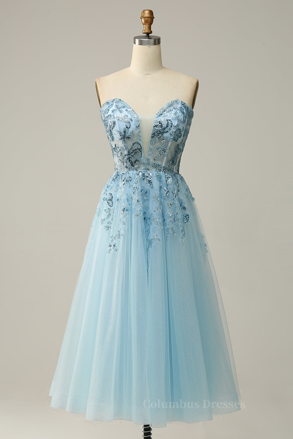 Light Blue Strapless Plunging V Neck Sequin-Embroidered Tea-Length Prom Dress Secondary image