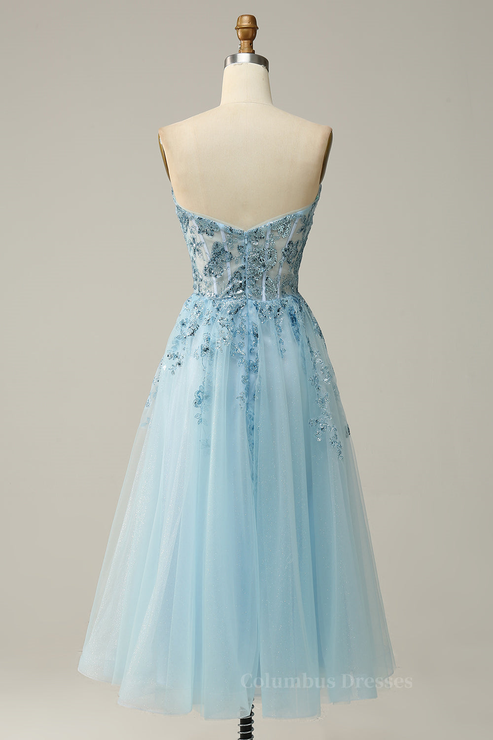 Prom Dress 2054, Light Blue Strapless Plunging V Neck Sequin-Embroidered Tea-Length Prom Dress Main image