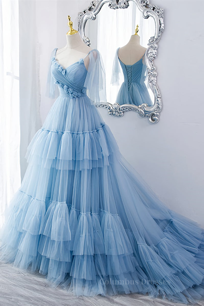 Light Blue V Neck Flaunt Sleeves Flowers Multi-Layers Maxi Formal Dress Secondary image