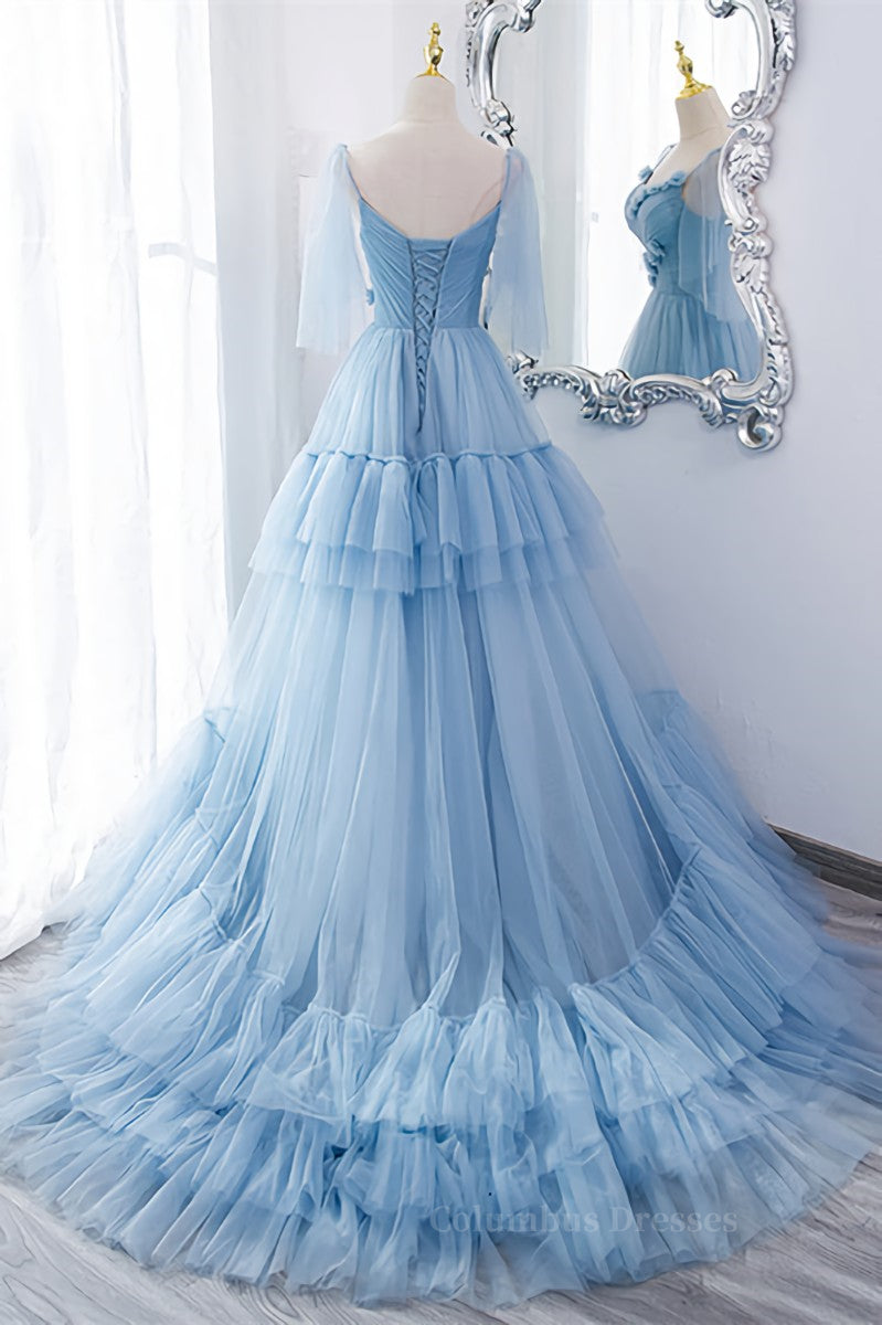 Bridesmaids Dresses Under 131, Light Blue V Neck Flaunt Sleeves Flowers Multi-Layers Maxi Formal Dress Main image
