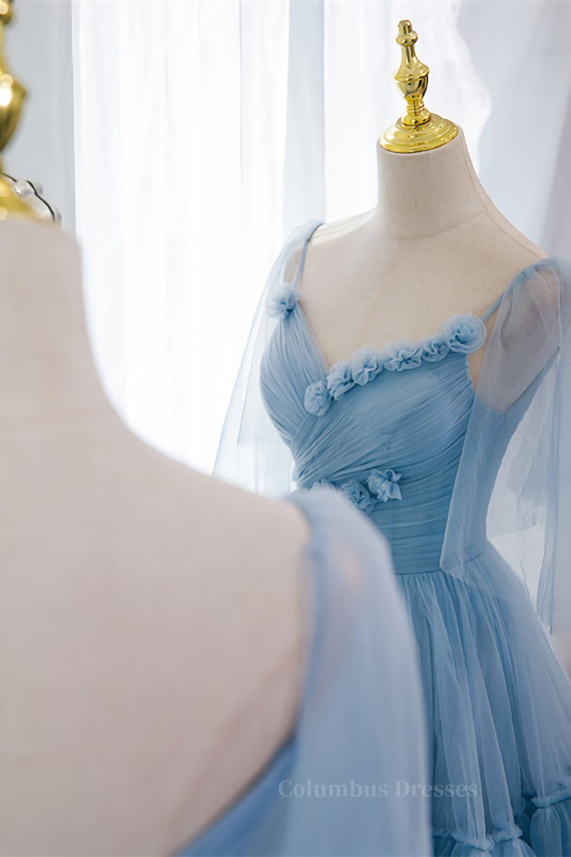Bridesmaid Dresses Different Color, Light Blue V Neck Flaunt Sleeves Flowers Multi-Layers Maxi Formal Dress