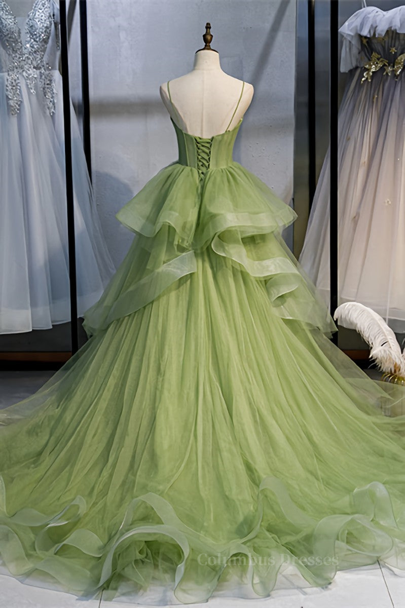 Prom Dresses Chiffon, Light Green A-line Straps Ruffle-Layers Sweeping Maxi Formal Dress Main image