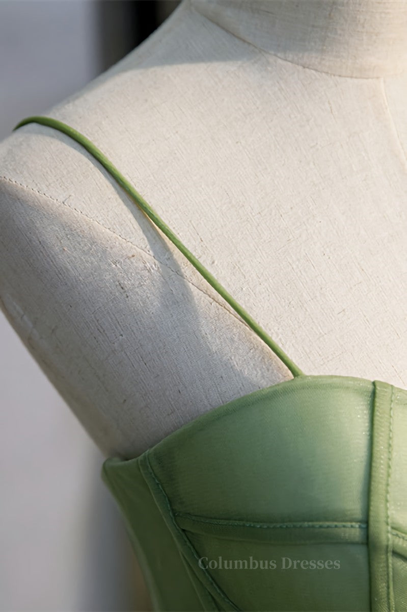 Prom Dress Guide, Light Green A-line Straps Ruffle-Layers Sweeping Maxi Formal Dress