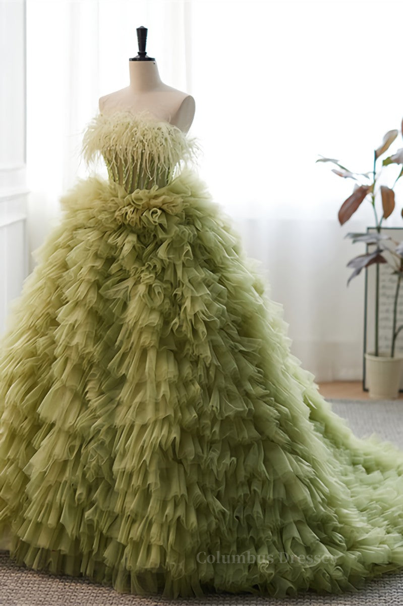Bridesmaids Dresses Long, Light Green Strapless Boning Ruffle-Layers Formal Dress with Feathers