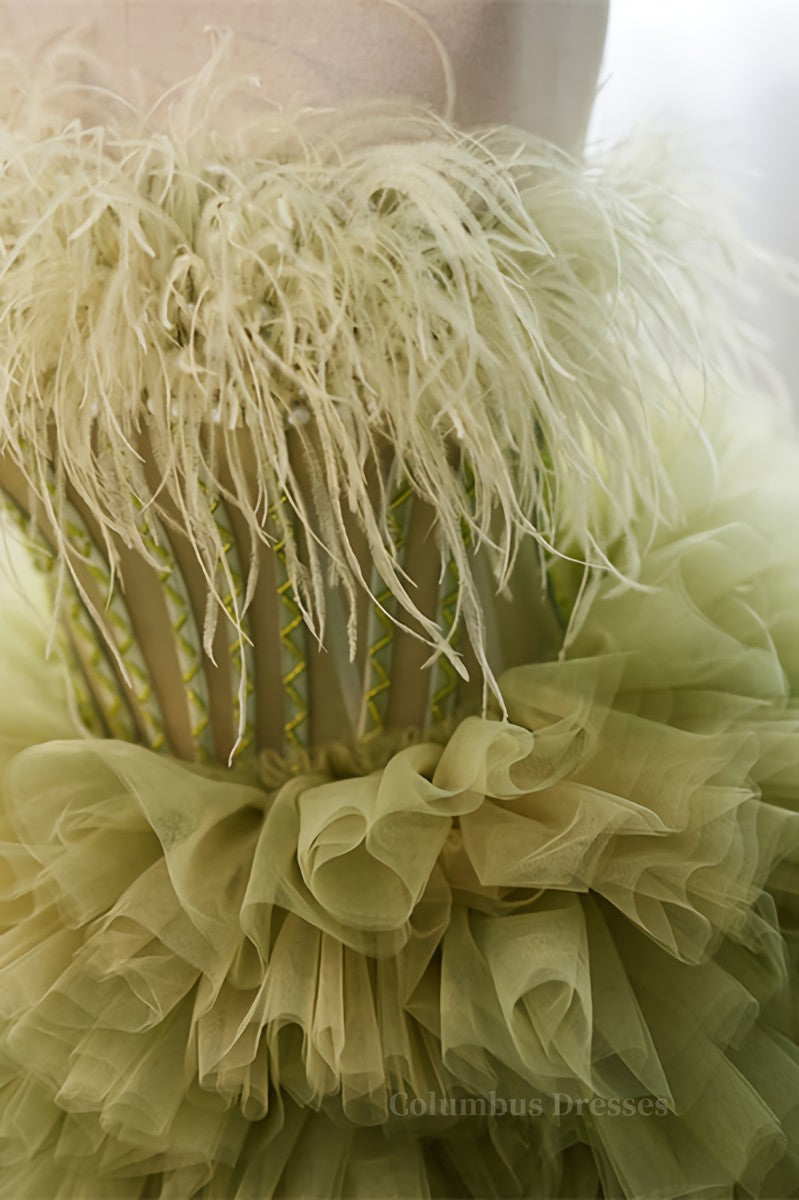 Bridesmaid Dresses Summer, Light Green Strapless Boning Ruffle-Layers Formal Dress with Feathers