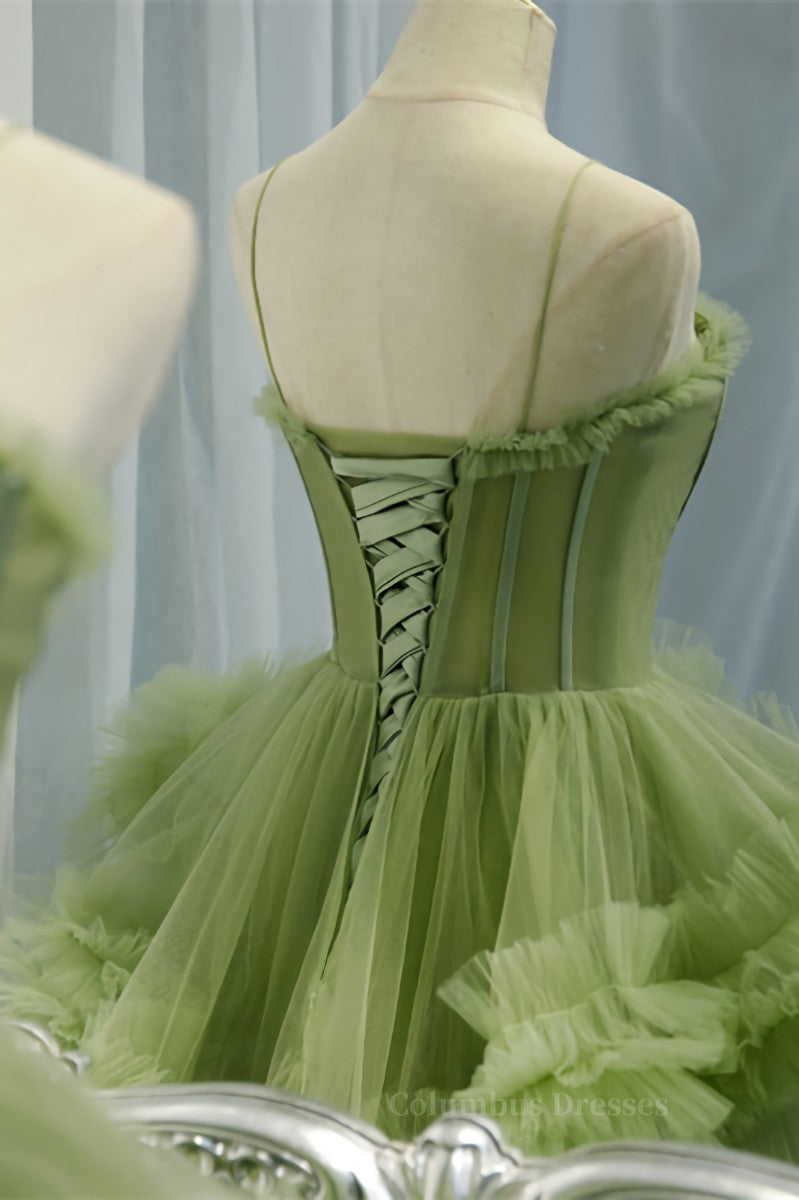 Bridesmaids Dress Styles, Light Green Straps Ruffle-Layers Pleated Maxi Formal Dress