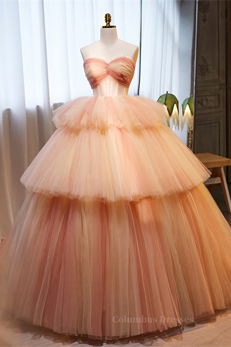Party Dresses 2053, Light Orange Strapless A-line Multi-Layers Long Prom Dress