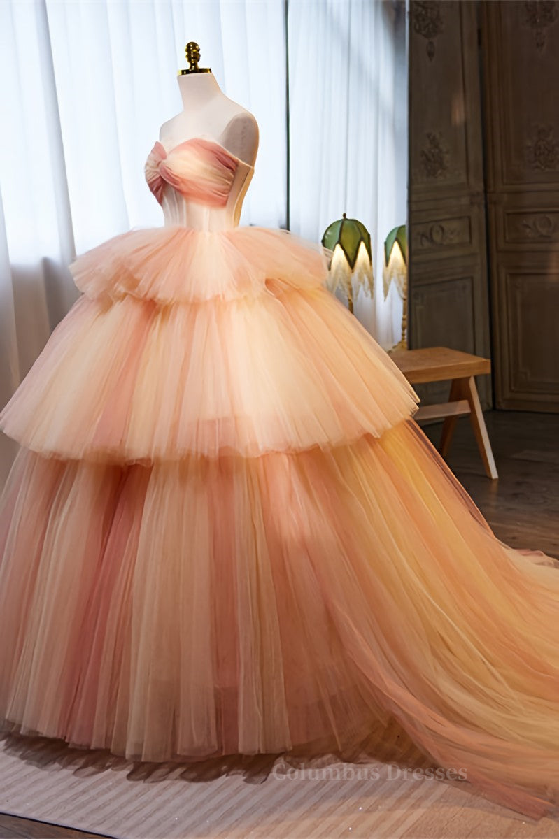 Party Dress Cheap, Light Orange Strapless A-line Multi-Layers Long Prom Dress