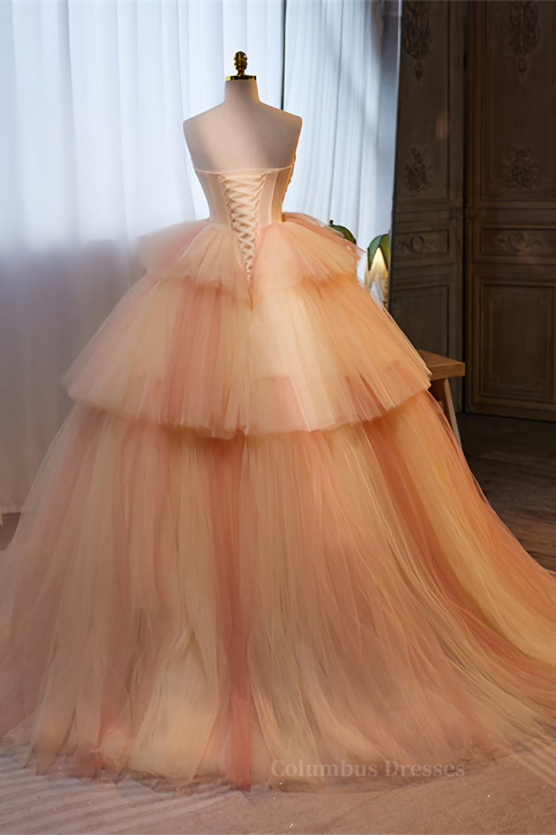 Party Dress Online, Light Orange Strapless A-line Multi-Layers Long Prom Dress Main image