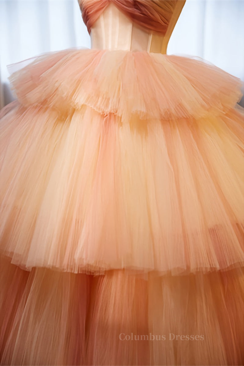 Party Dress 2054, Light Orange Strapless A-line Multi-Layers Long Prom Dress
