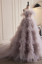 Bridesmaids Dresses Colors, Light Purple Strapless Pleated Ruffle-Layers Maxi Formal Dress