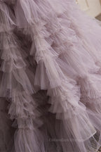 Bridesmaid Dress Colorful, Light Purple Strapless Pleated Ruffle-Layers Maxi Formal Dress