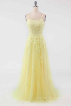 Graduation Outfit Ideas, Light Yellow A-line Scoop Neckline Embroidered Tulle Long Prom Dress