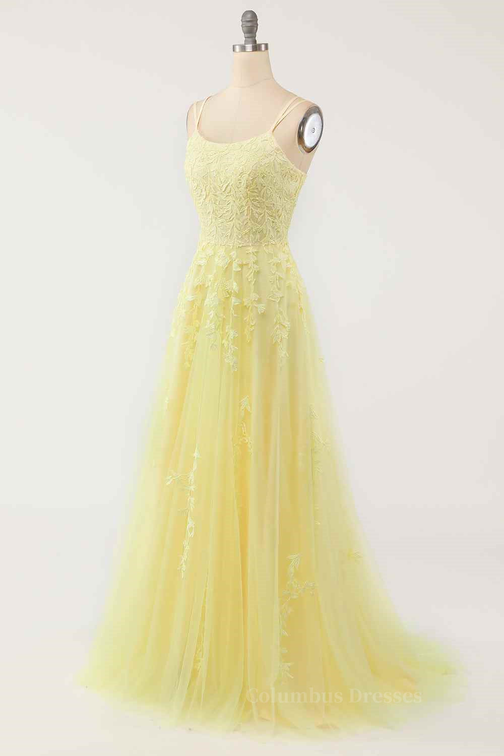 Cocktail Dress, Light Yellow A-line Scoop Neckline Embroidered Tulle Long Prom Dress