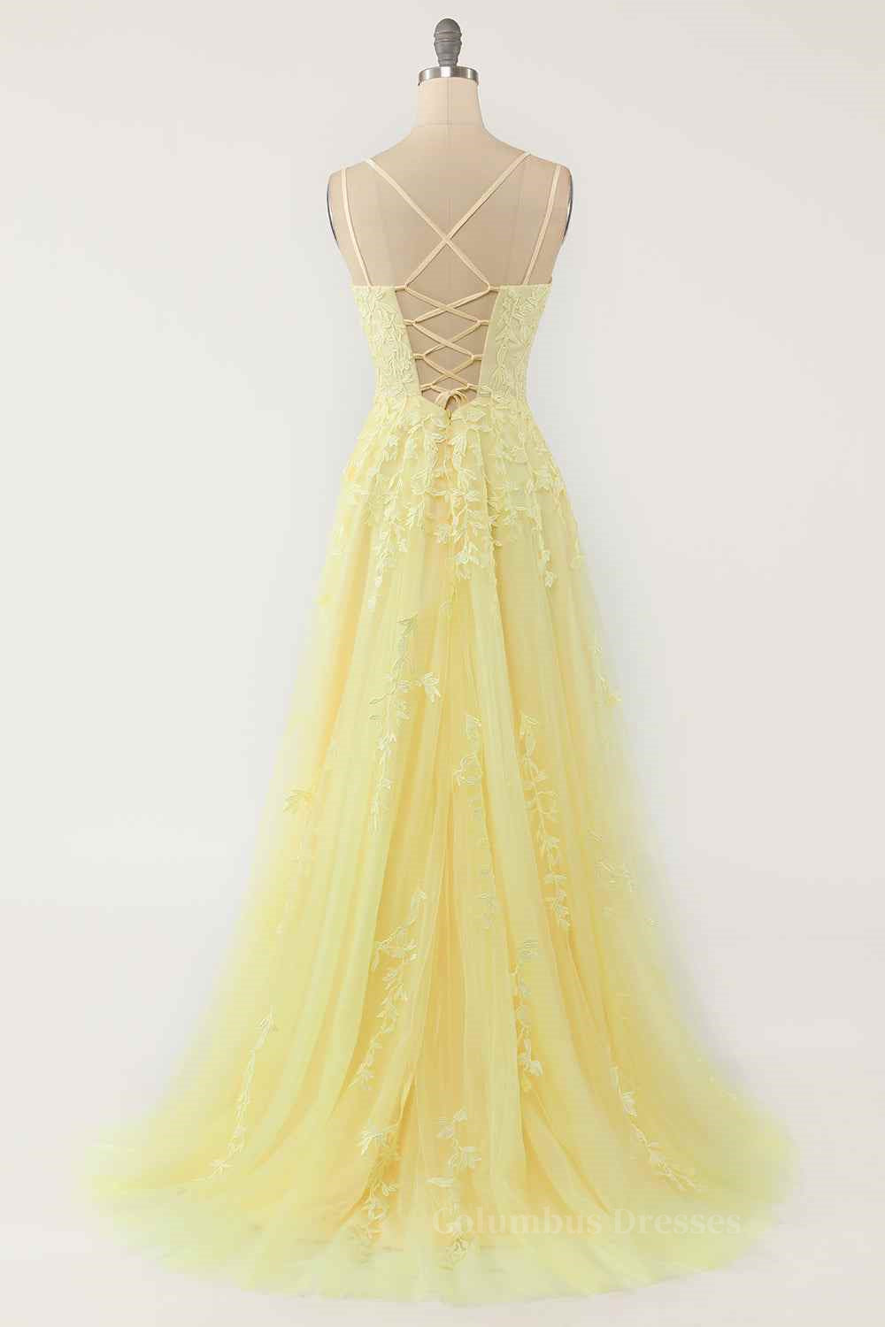 Ball Gown, Light Yellow A-line Scoop Neckline Embroidered Tulle Long Prom Dress Main image
