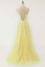 Ball Gown, Light Yellow A-line Scoop Neckline Embroidered Tulle Long Prom Dress