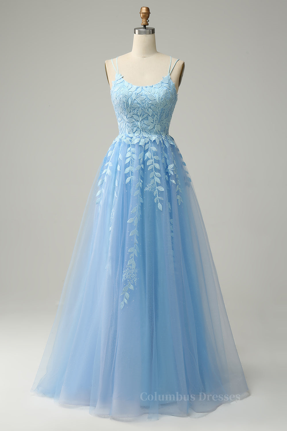 Mini Dress, Light Yellow A-line Scoop Neckline Embroidered Tulle Long Prom Dress