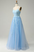 Black Wedding Dress, Light Yellow A-line Scoop Neckline Embroidered Tulle Long Prom Dress