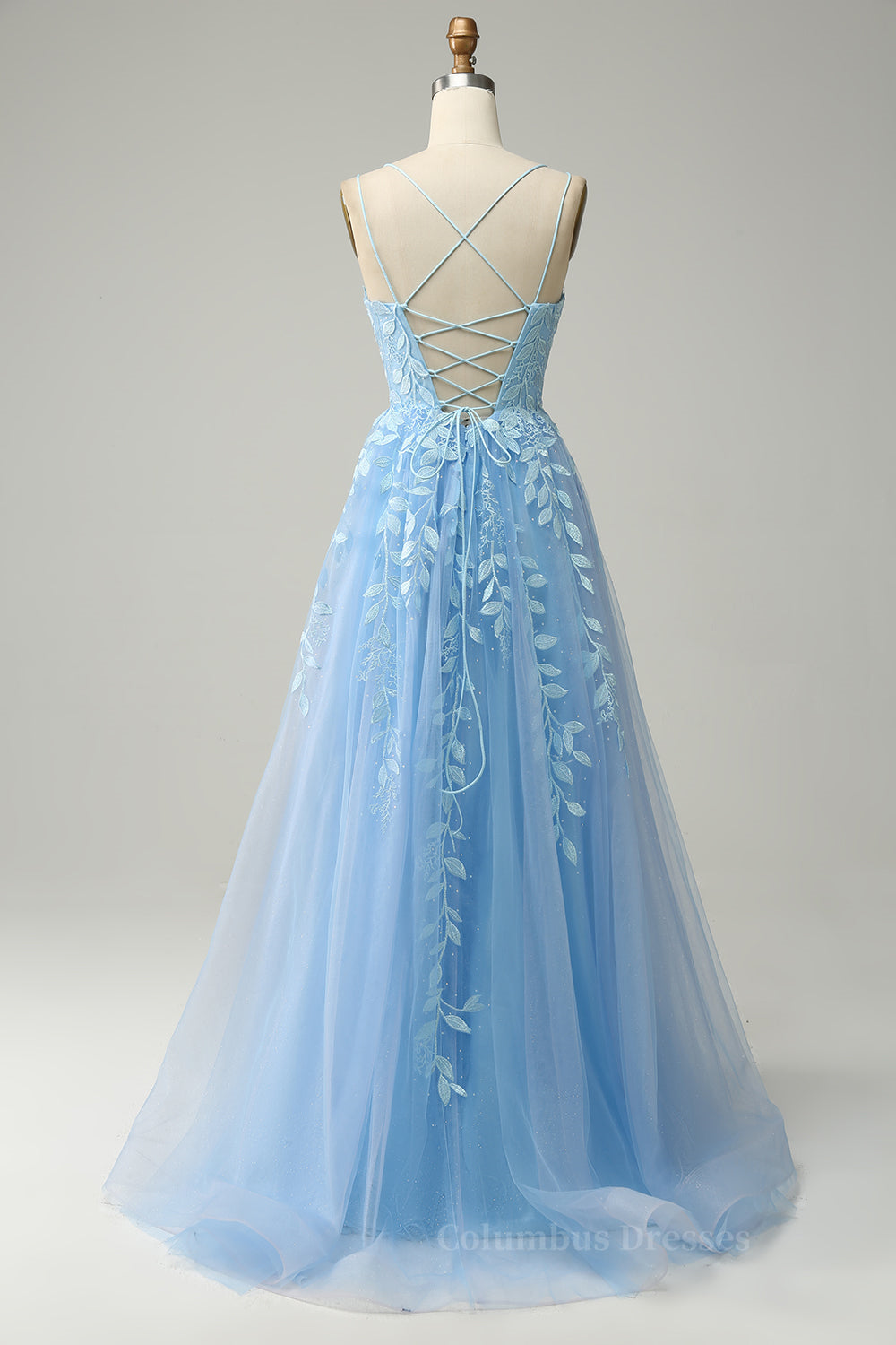 Blue Prom Dress, Light Yellow A-line Scoop Neckline Embroidered Tulle Long Prom Dress