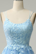 Evening Gown, Light Yellow A-line Scoop Neckline Embroidered Tulle Long Prom Dress