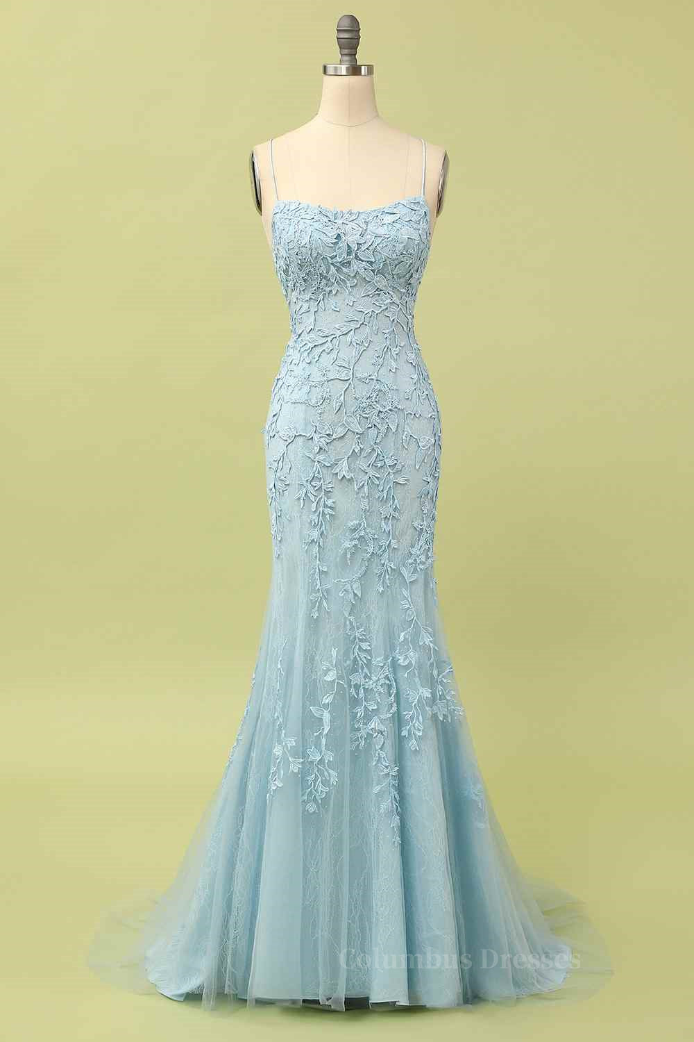 Bridesmaid Dresses Different Styles, Light Yellow Light Blue Mermaid Scoop Neckline Applique Lace-Up Back Long Prom Gown