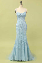 Bridesmaid Dresses Different Styles, Light Yellow Light Blue Mermaid Scoop Neckline Applique Lace-Up Back Long Prom Gown