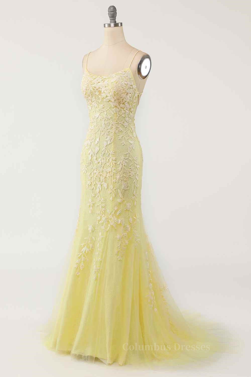 Bridesmaid Dresses Under 130, Light Yellow Light Blue Mermaid Scoop Neckline Applique Lace-Up Back Long Prom Gown Main image