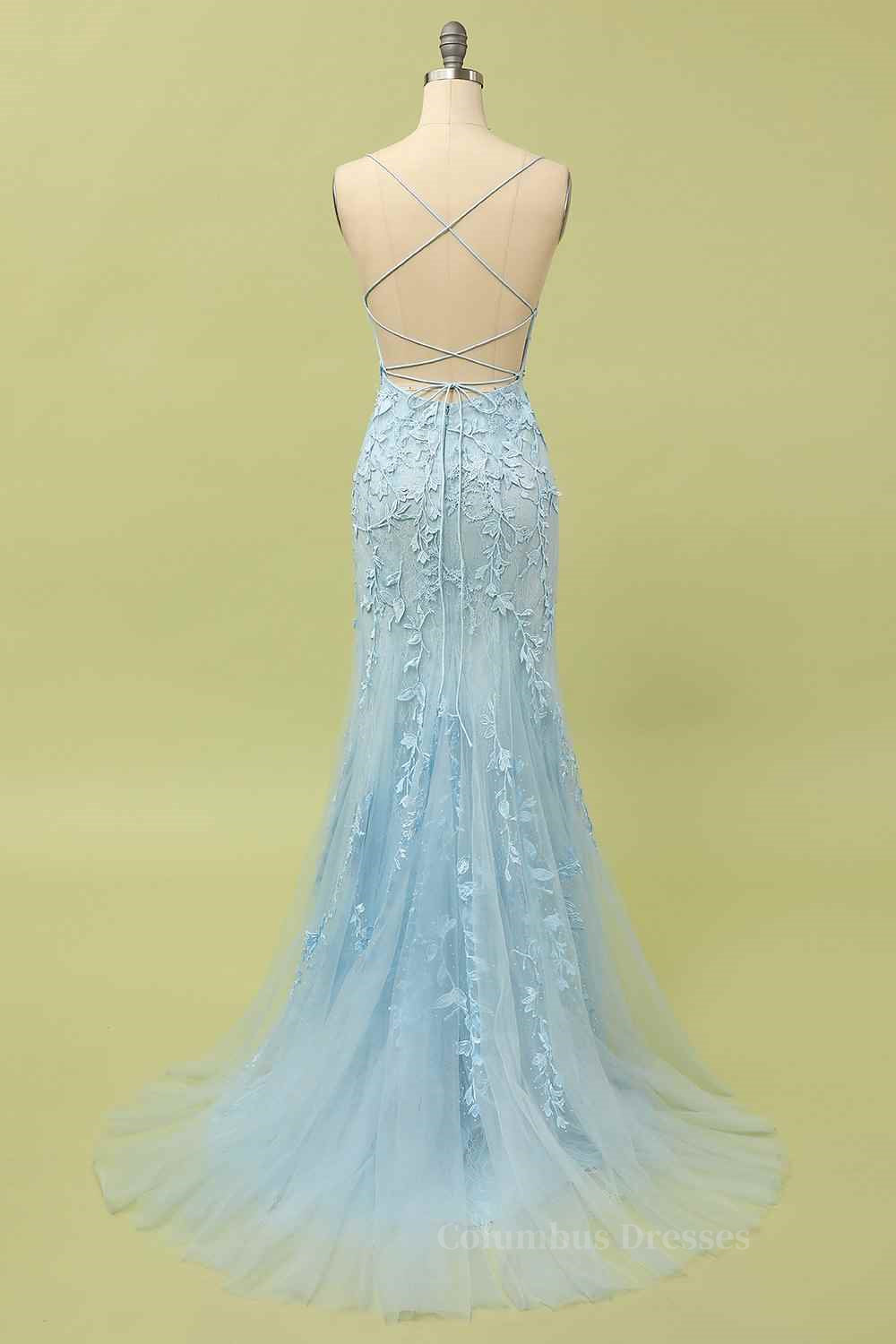 Bridesmaid Dress Online, Light Yellow Light Blue Mermaid Scoop Neckline Applique Lace-Up Back Long Prom Gown